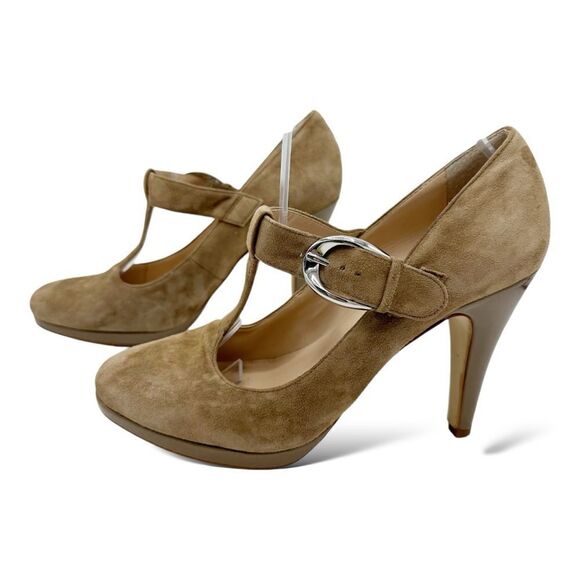 Franco Sarto Nalia Caramel Suede T Strap May-Jane w/Patent Heel and Platform‎ 9 - Picture 1 of 13